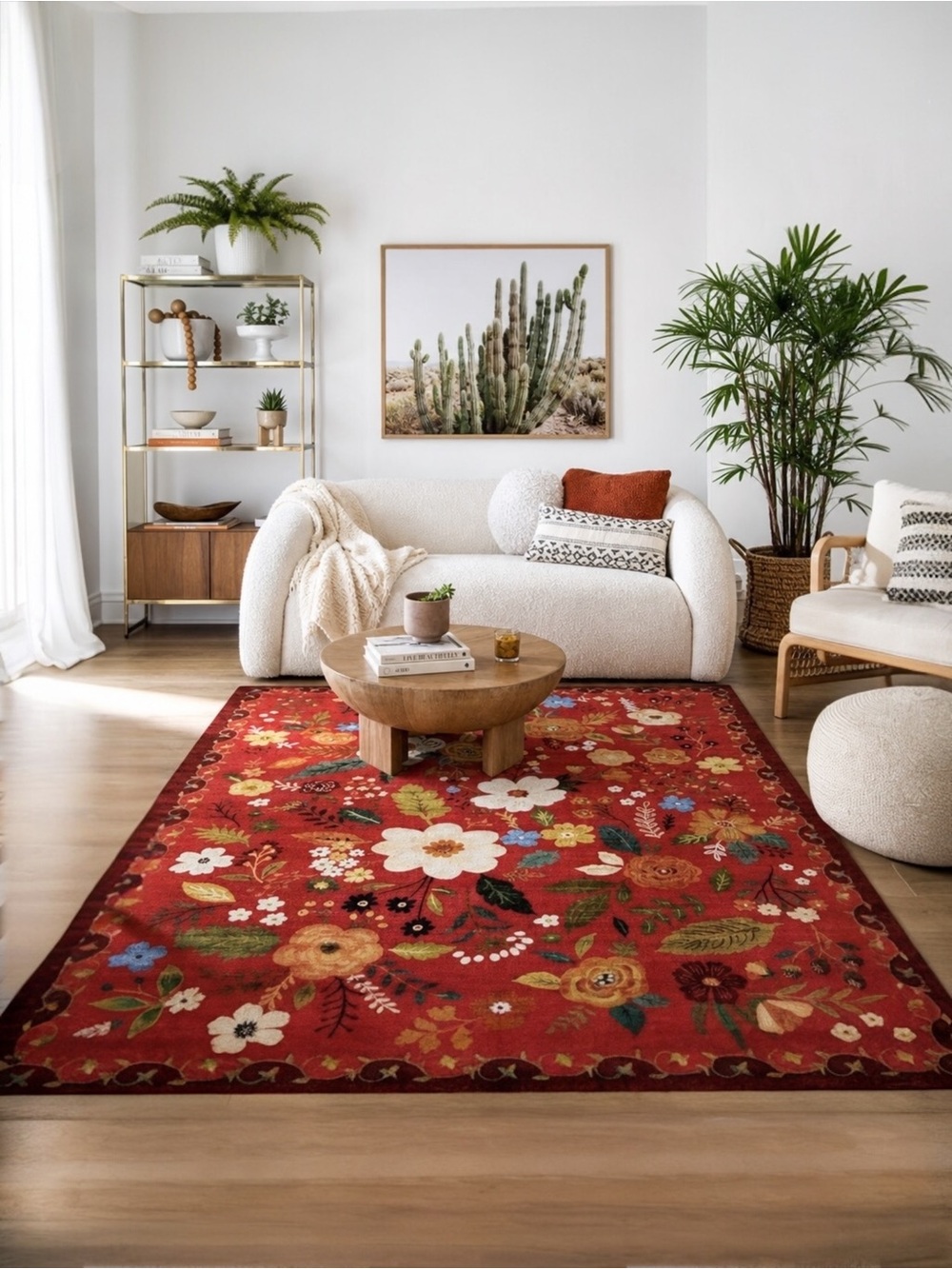 NEW Anthropologie Red Floral Boho Vintage Multicolor  Area Rug Carpet - 5' x 7'